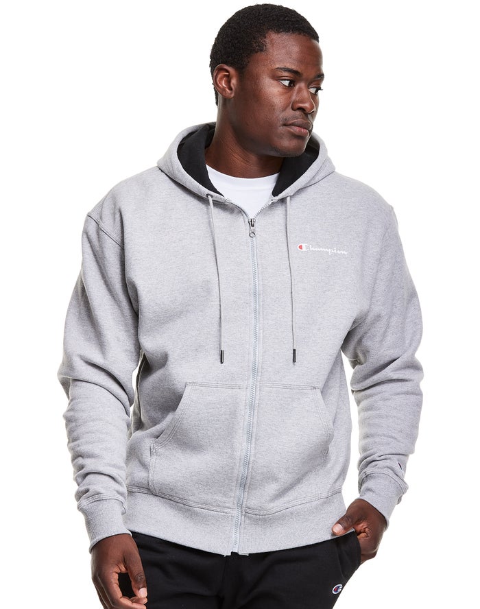 Champion Mens Hoodie NZ - Powerblend Fleece Full Zip Script Logo Grey ( 0942-RWISN )